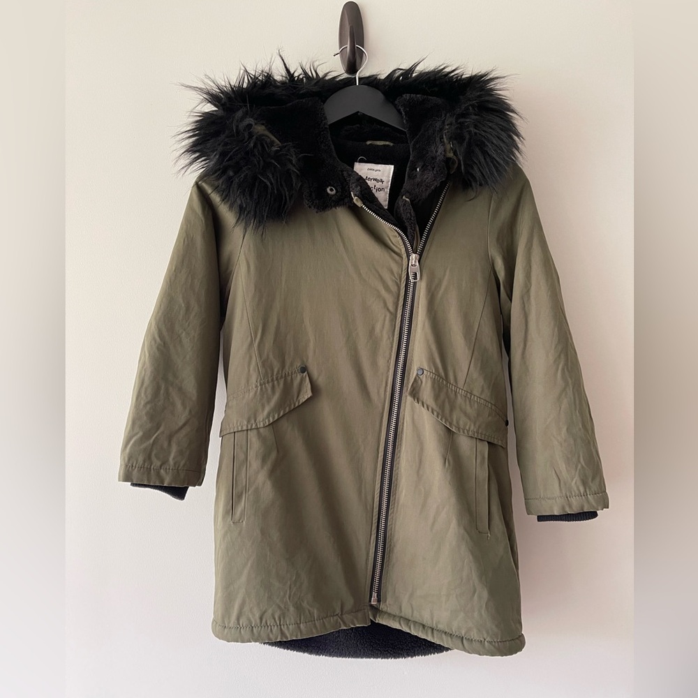 Zara Kids Olive Green Jacket with Detachable Black Fur Trim on hood